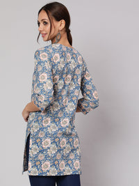 Thumbnail for NOZ2TOZ Women Blue & Pink Floral Printed Straight Tunic With Three Quarter Sleeves - Distacart