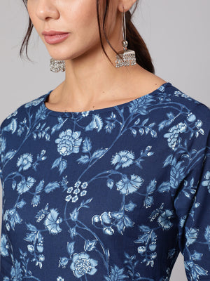 NOZ2TOZ Women Blue Floral Printed Flared Dress With Three Quarter Sleeves - Distacart