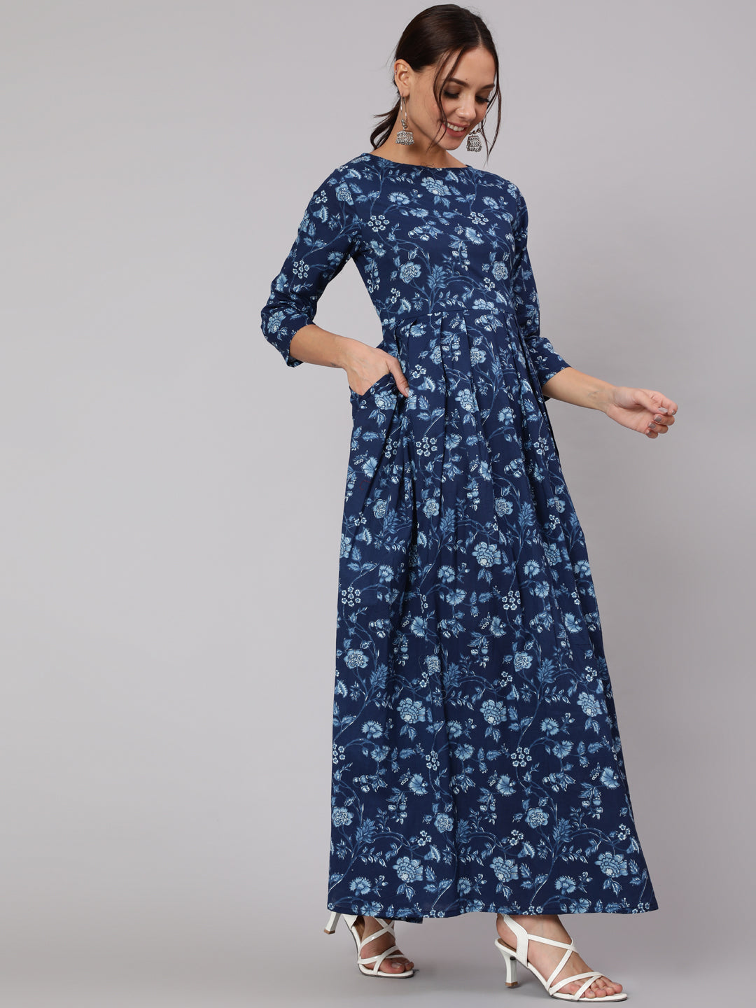 NOZ2TOZ Women Blue Floral Printed Flared Dress With Three Quarter Sleeves - Distacart