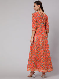 Thumbnail for NOZ2TOZ Women Orange Floral Printed Flared Dress With Three Quarter Sleeves - Distacart