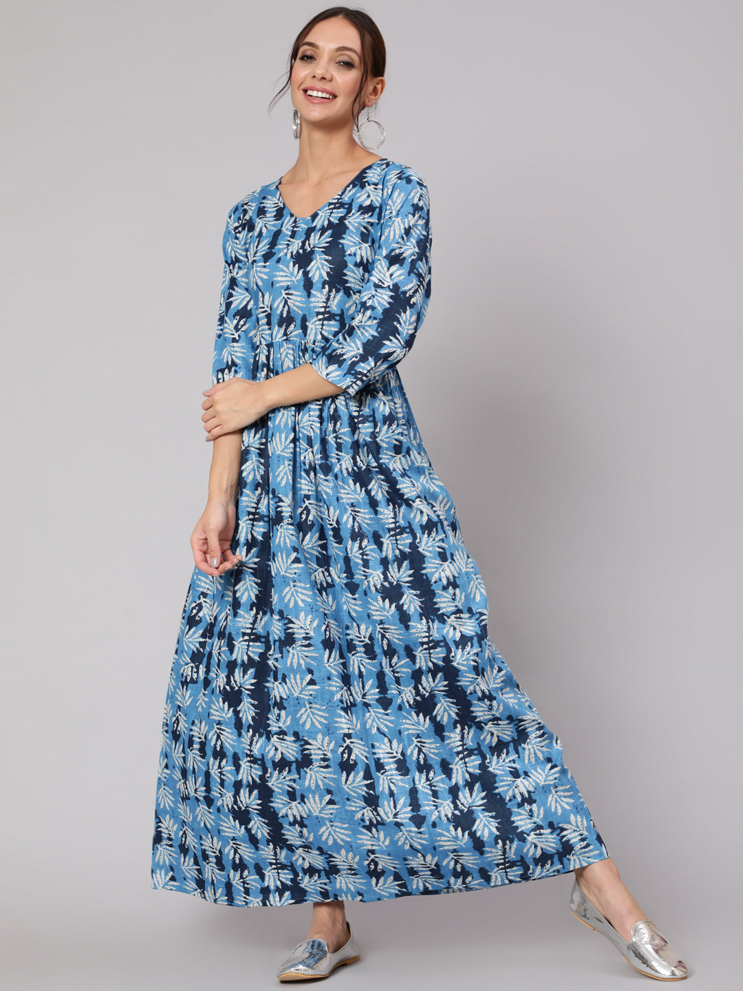 NOZ2TOZ Women Blue Abstrac Printed Gathered Dress With Three Quarter Sleeves - Distacart