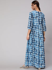 Thumbnail for NOZ2TOZ Women Blue Abstrac Printed Gathered Dress With Three Quarter Sleeves - Distacart