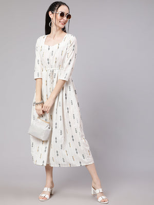 NOZ2TOZ Women White Geometric Printed Flared Dress - Distacart