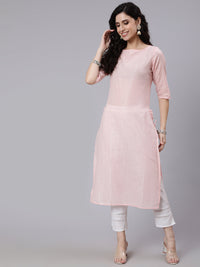 Thumbnail for NOZ2TOZ Women Pink Color With Silver Stripe Solid Straight Kurta - Distacart