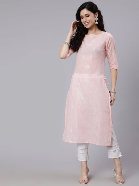 NOZ2TOZ Women Pink Color With Silver Stripe Solid Straight Kurta - Distacart