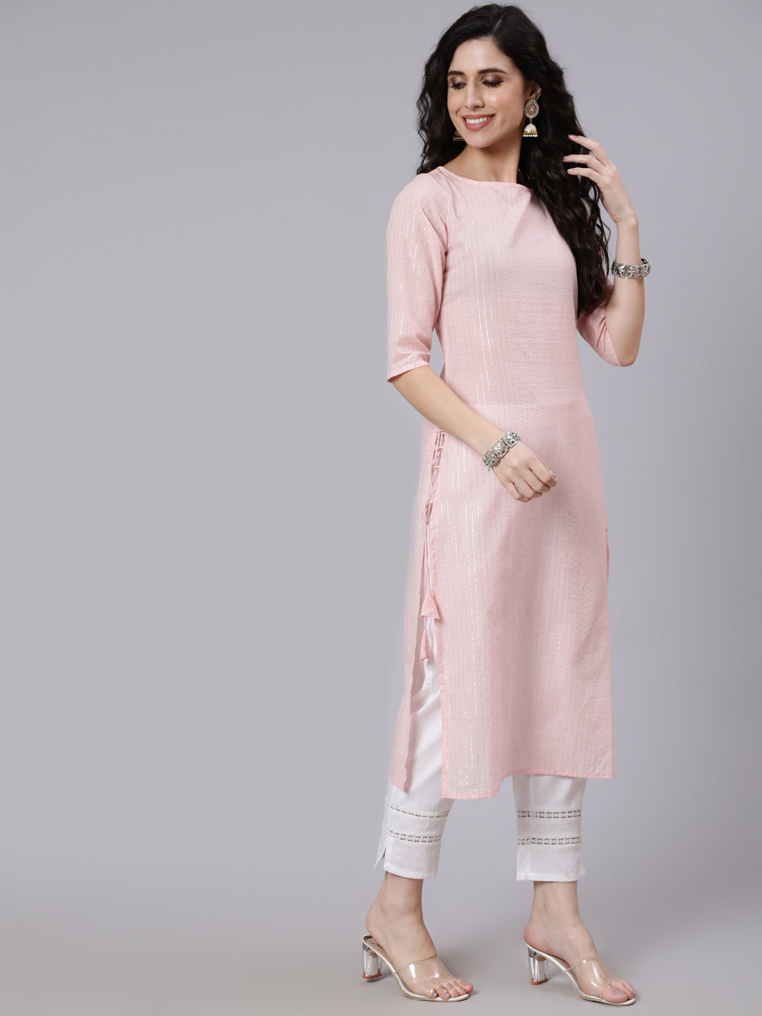 NOZ2TOZ Women Pink Color With Silver Stripe Solid Straight Kurta - Distacart