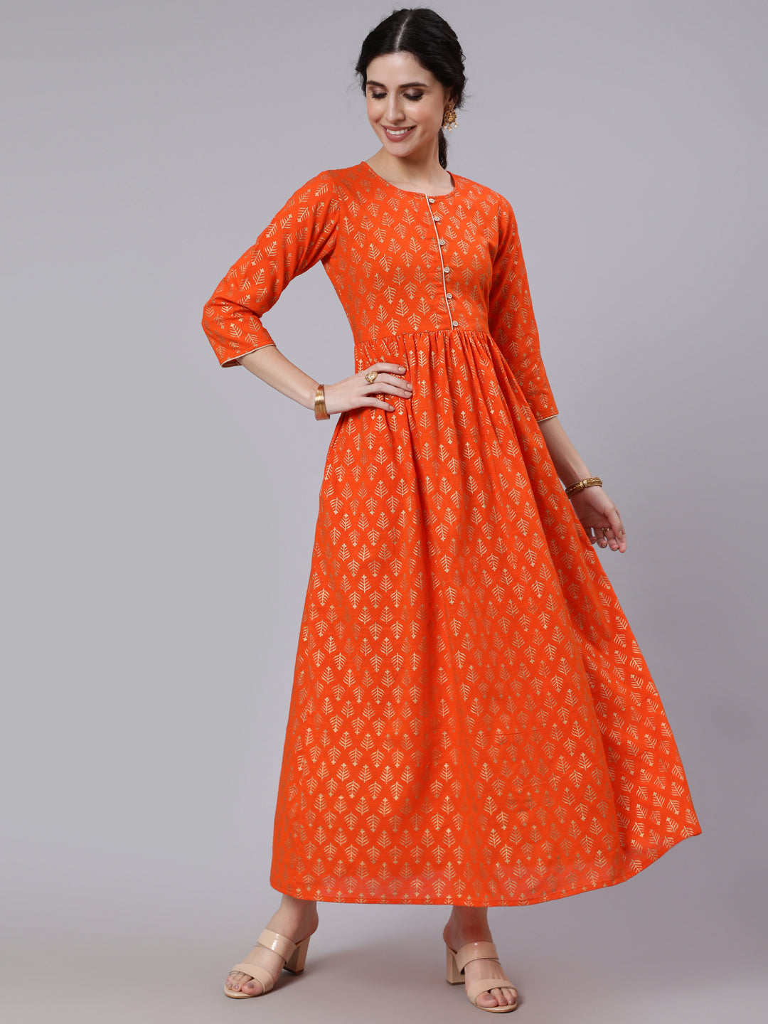 NOZ2TOZ Women Orange Ethnic Printed Gratherd Dress - Distacart