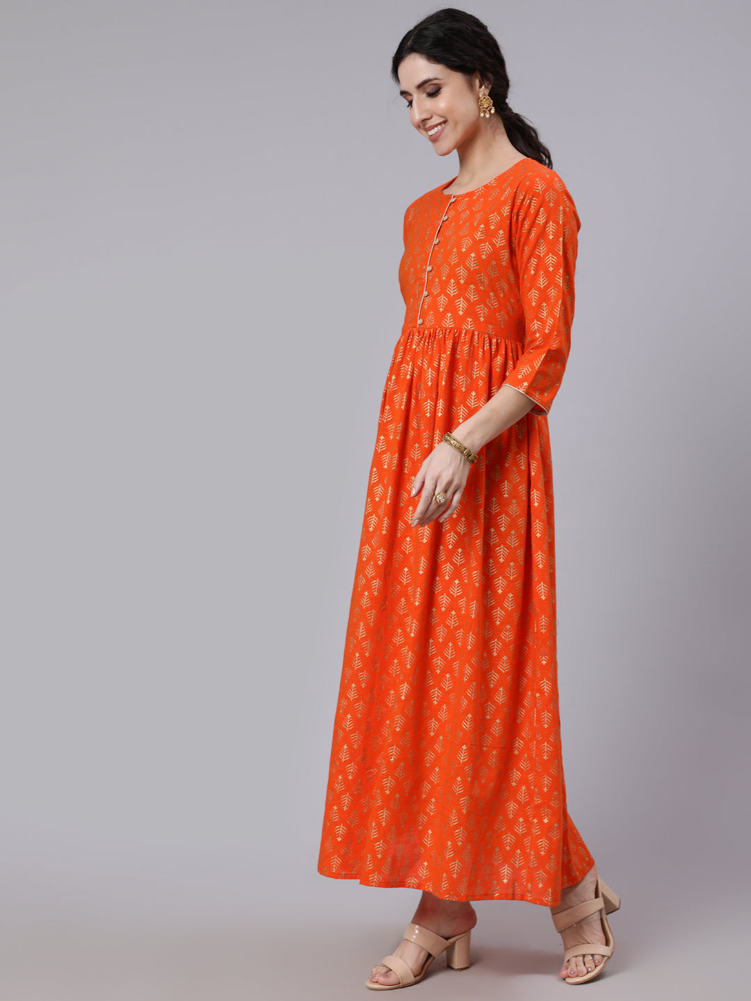NOZ2TOZ Women Orange Ethnic Printed Gratherd Dress - Distacart