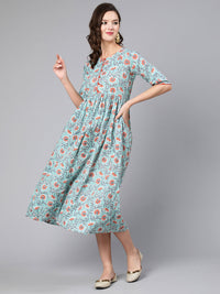 Thumbnail for NOZ2TOZ Women Green Floral Printed Flared Dress With Three Quarter Sleeves - Distacart
