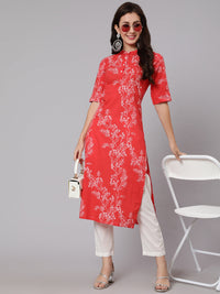 Thumbnail for Wahe-NOOR Women Red Floral Printed Straight Kurta With Three Quarter Sleeves - Distacart