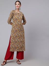Thumbnail for Wahe-NOOR Women Yellow Printed straight kurta with three quarter sleeves - Distacart