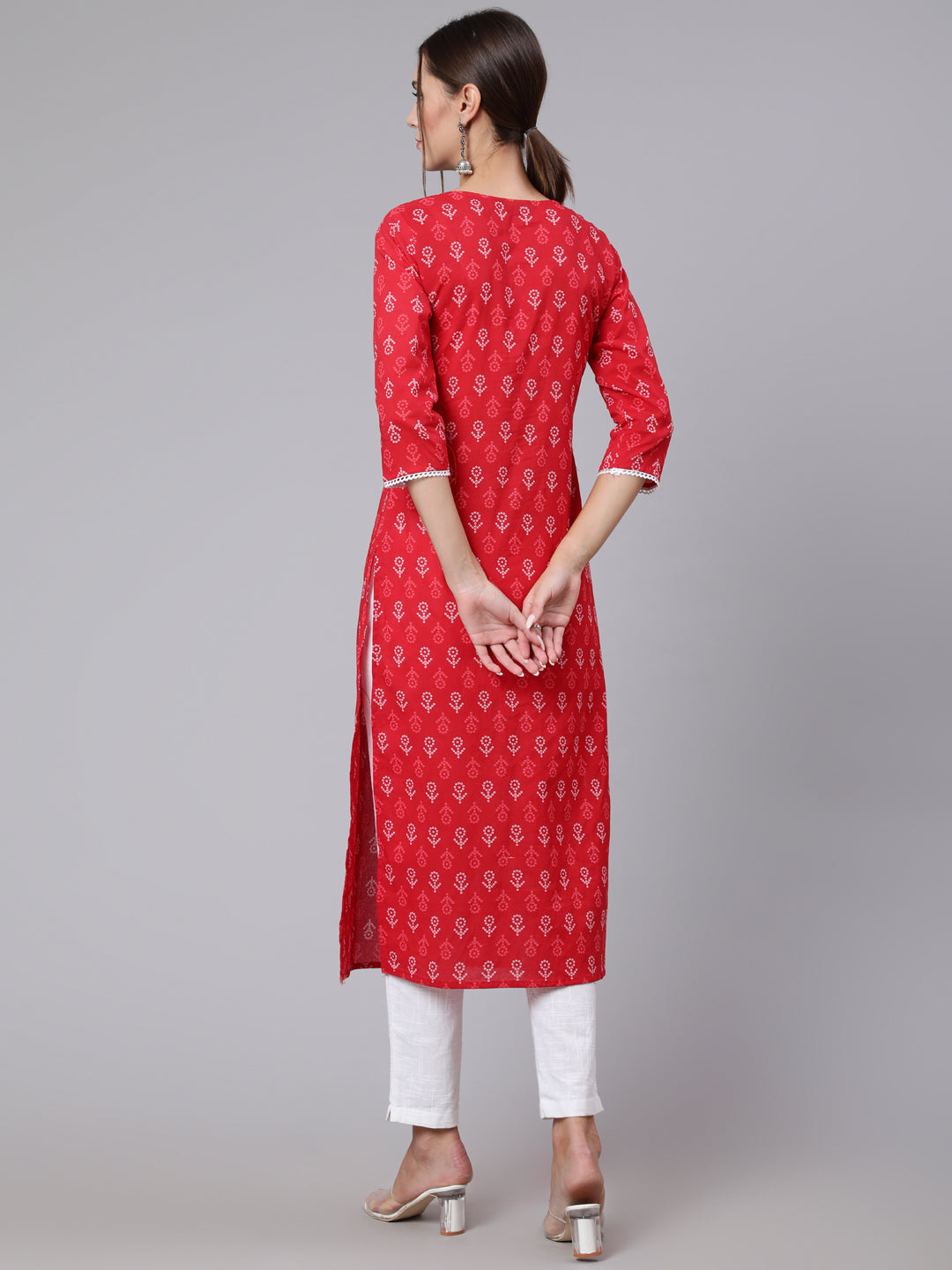 Wahe-NOOR Women Red Printed straight kurta with three quarter sleeves - Distacart