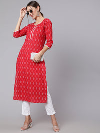 Thumbnail for Wahe-NOOR Women Red Printed straight kurta with three quarter sleeves - Distacart