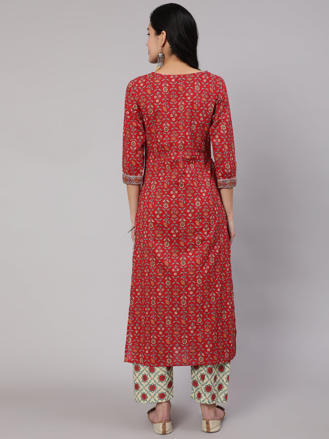 Wahe-NOOR Women Red Printed straight kurta with three quarter sleeves - Distacart