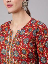 Thumbnail for Wahe-NOOR Women Red Printed Straight Kurta With Three Quarter Sleeves - Distacart