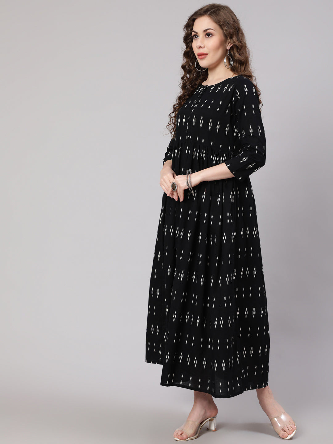 NOZ2TOZ Women Black Ikat Printed Flared Dress With Three Quarter sleeves - Distacart
