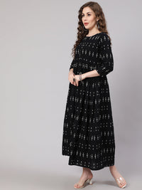 Thumbnail for NOZ2TOZ Women Black Ikat Printed Flared Dress With Three Quarter sleeves - Distacart