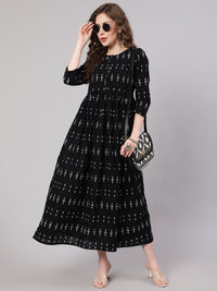 Thumbnail for NOZ2TOZ Women Black Ikat Printed Flared Dress With Three Quarter sleeves - Distacart