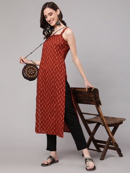 NOZ2TOZ Women Rust Ikat Printed Straight Kurta With Shoulder Straps - Distacart