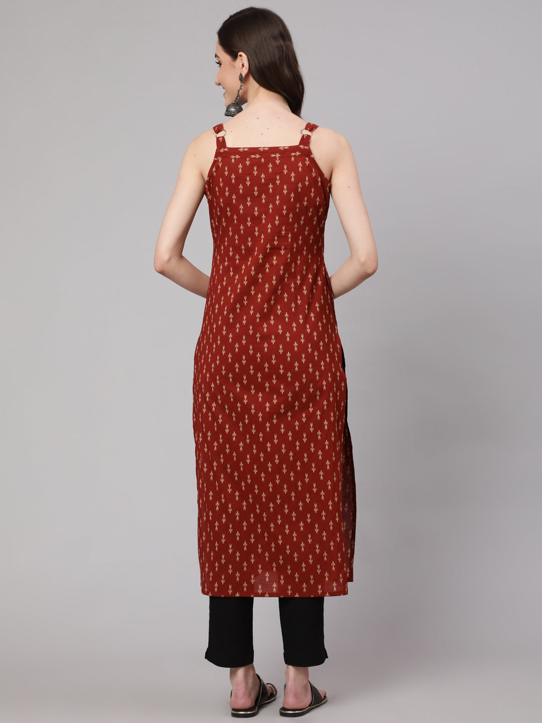 NOZ2TOZ Women Rust Ikat Printed Straight Kurta With Shoulder Straps - Distacart