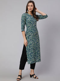 Thumbnail for Wahe-NOOR Women Teal Green Ethnic Printed Straight Kurta With Three Quarter Sleeves - Distacart