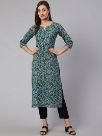 Thumbnail for Wahe-NOOR Women Teal Green Ethnic Printed Straight Kurta With Three Quarter Sleeves - Distacart