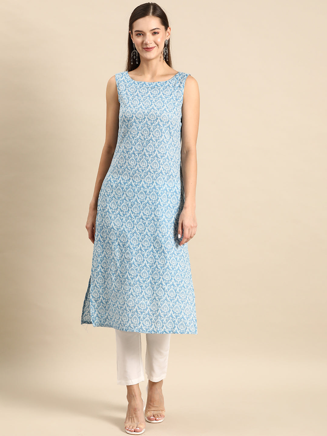 Get Pink Geometric Printed Sleeveless Cotton Kurta at ₹ 697 | LBB Shop