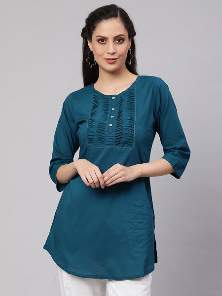 Wahe-NOOR Women Teal Blue Straight Tunic With Three Quaretr Sleeves - Distacart