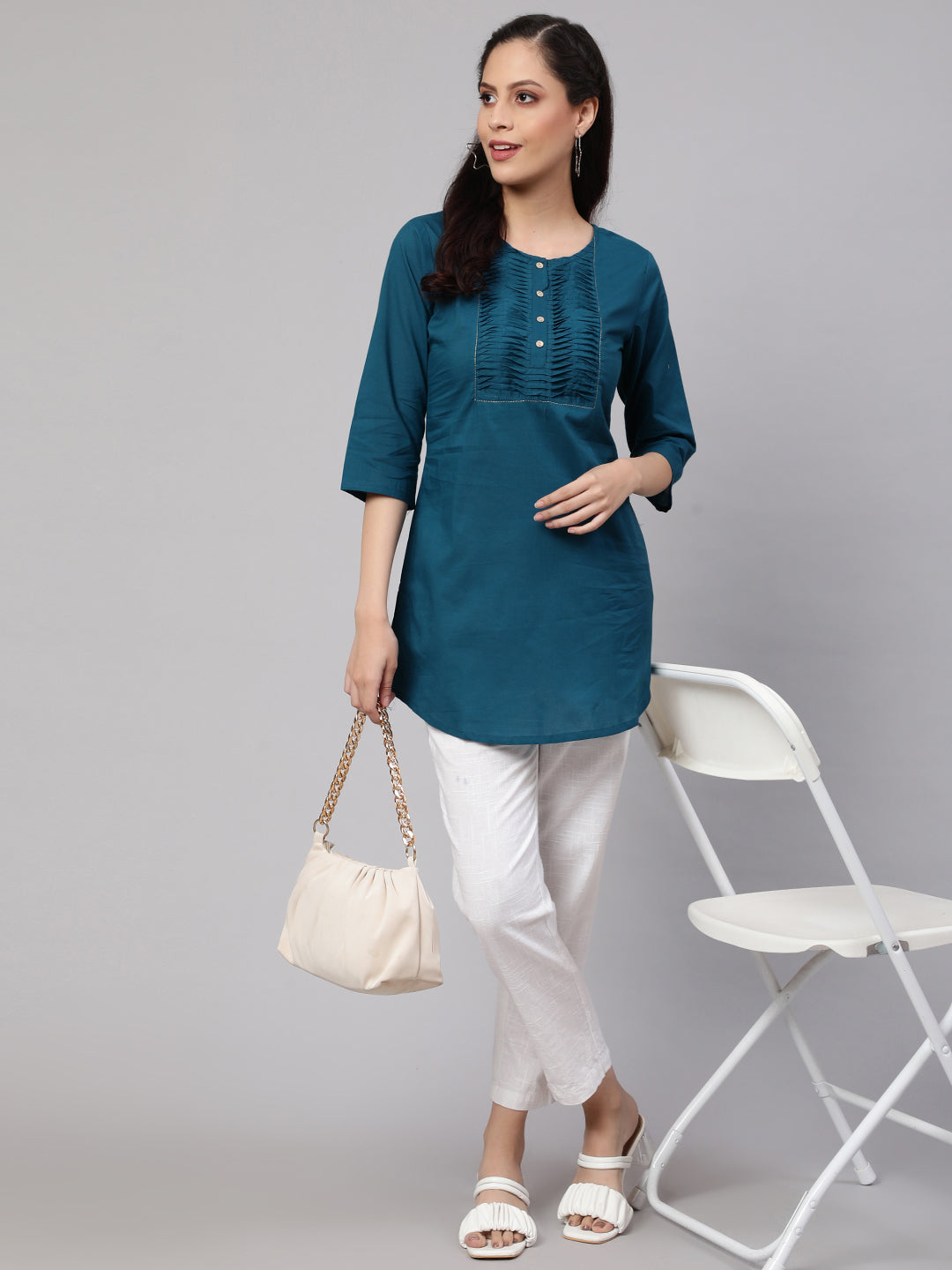 Wahe-NOOR Women Teal Blue Straight Tunic With Three Quaretr Sleeves - Distacart