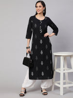 Thumbnail for NOZ2TOZ Women Black Printed Straight Kurta With Three Qurter Sleeves - Distacart