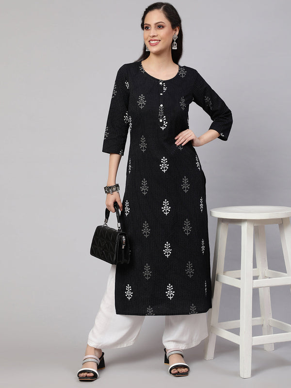 NOZ2TOZ Women Black Printed Straight Kurta With Three Qurter Sleeves - Distacart
