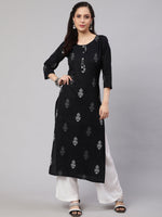 Thumbnail for NOZ2TOZ Women Black Printed Straight Kurta With Three Qurter Sleeves - Distacart