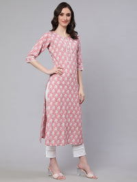 Thumbnail for Wahe-NOOR Women Pink Printed straight kurta with three quarter sleeves - Distacart