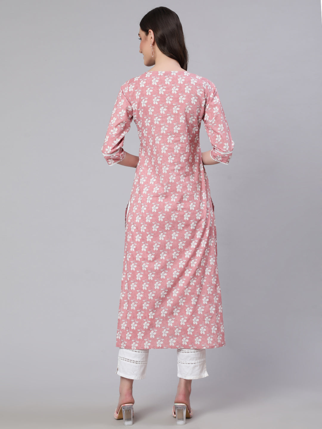 Wahe-NOOR Women Pink Printed straight kurta with three quarter sleeves - Distacart