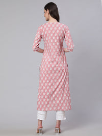 Thumbnail for Wahe-NOOR Women Pink Printed straight kurta with three quarter sleeves - Distacart