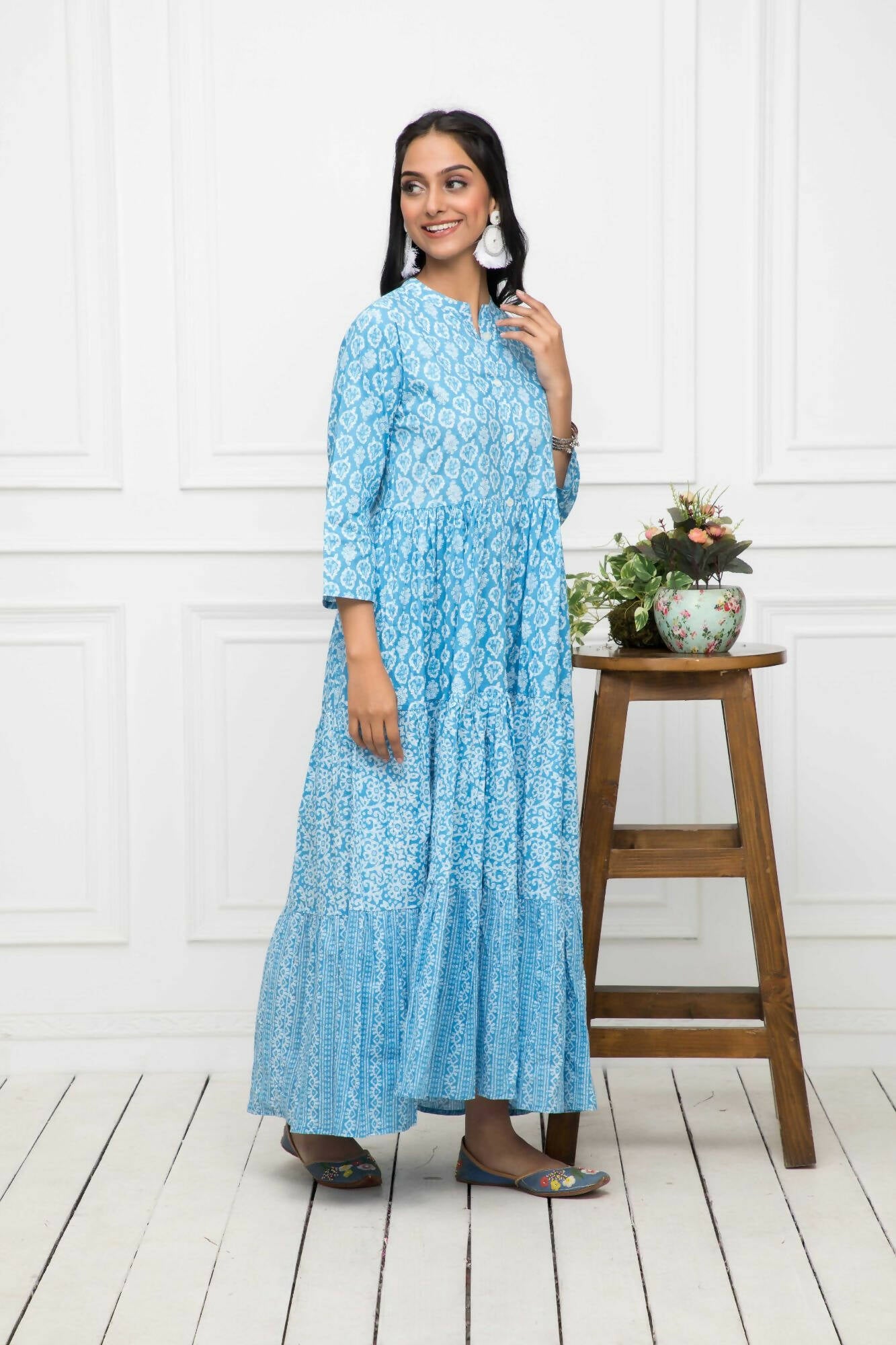 Myshka Women Blue Floral Cotton A-Line Mandarin Collar Long Dress - Distacart
