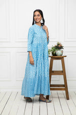 Thumbnail for Myshka Women Blue Floral Cotton A-Line Mandarin Collar Long Dress - Distacart