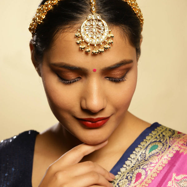 Gold-Plated White Kundan-Studded Pearl Beaded Matha Patti - Ruby Raang - Distacart