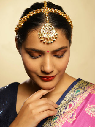 Gold-Plated White Kundan-Studded Pearl Beaded Matha Patti - Ruby Raang - Distacart