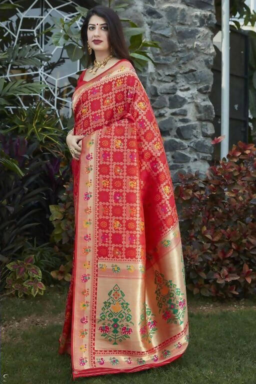 DEIANA'S Beautiful Golden Jari with New Design Soft Lichi Silk Saree - Red - Distacart