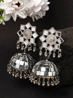 Thumbnail for NVR Women Silver Mirror Oxidised Brass-Plated Jhumka Earrings - Distacart