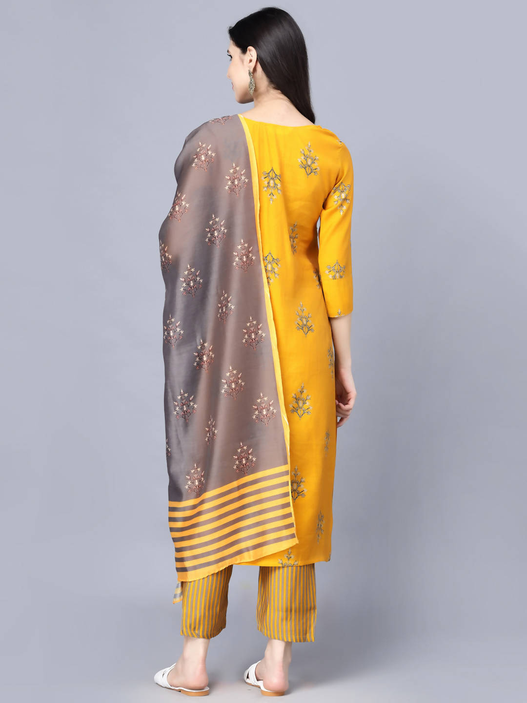 Myshka Women Mustard Yellow Ethnic Motifs Embroidered Panelled Kurti with Trousers With Dupatta - Distacart
