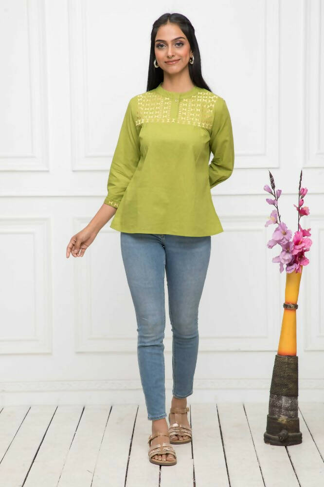 Myshka Women Green Solid Mandarin Collar Regular Sleeves Pure Cotton Top - Distacart