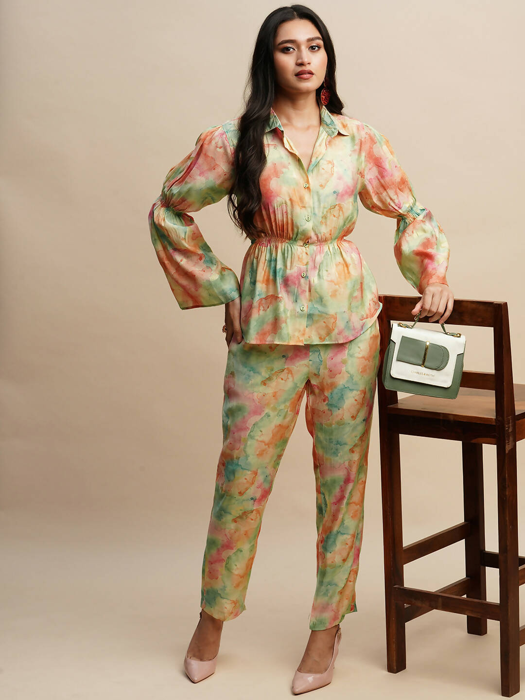 Light Green & Orange Poly Rayon Tie and dye Printed Top with Matching Trouser - Shivani - Distacart
