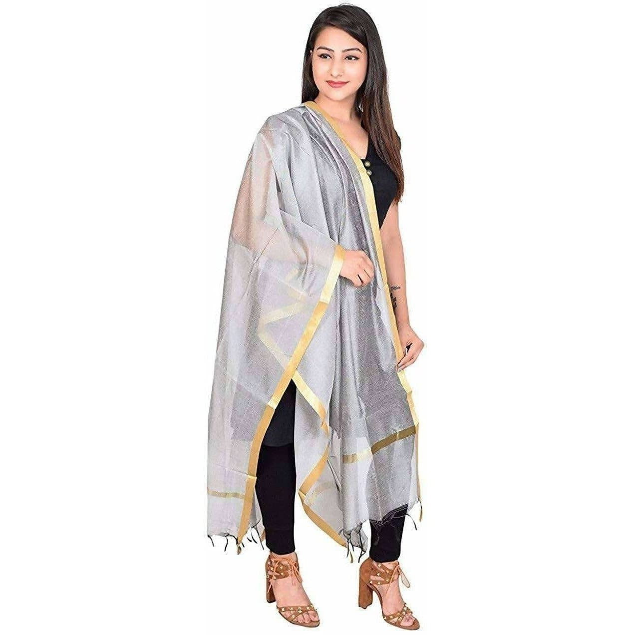 Women's Silk Plain Banarasi Golden Border Dupatta