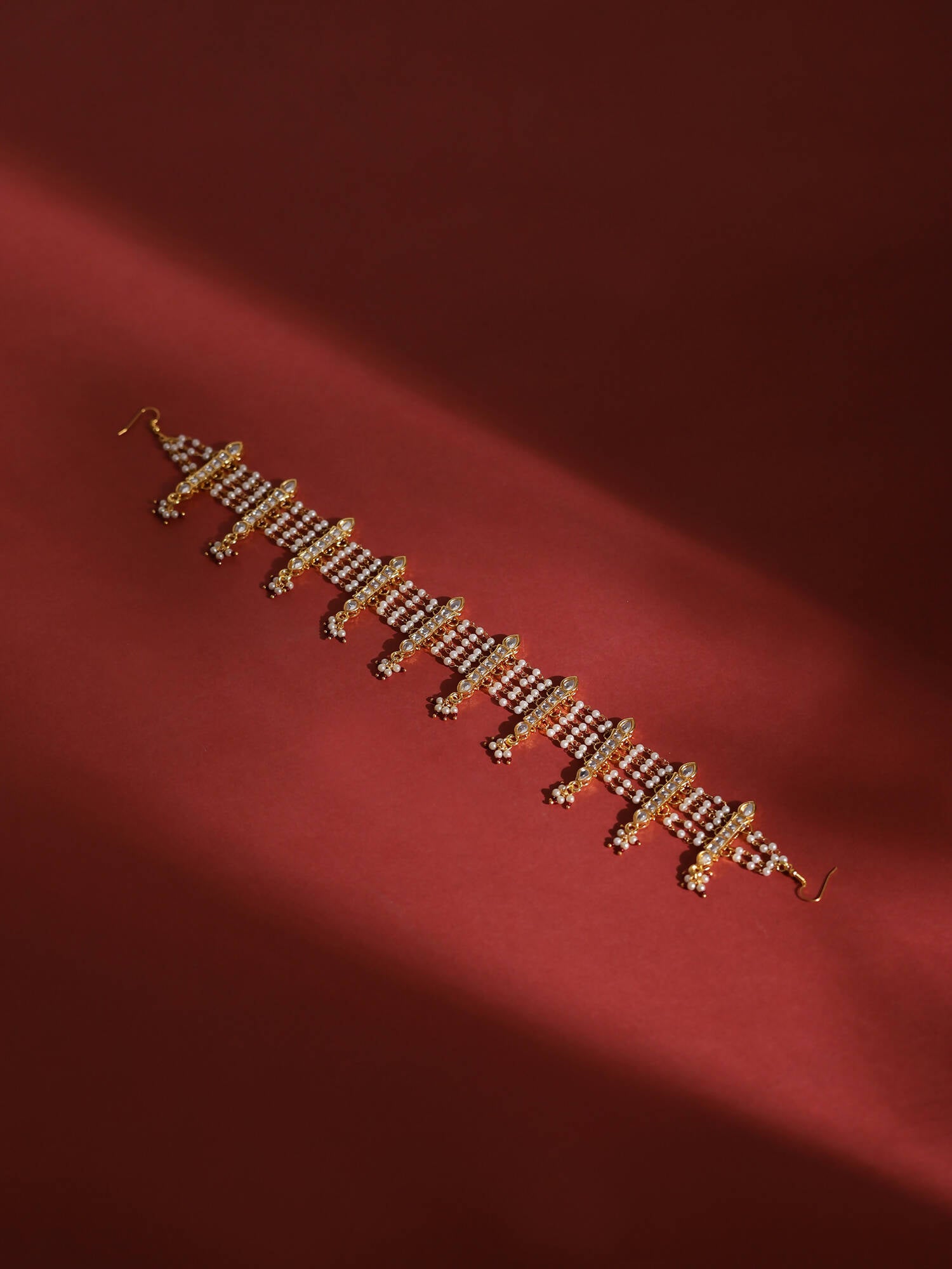 White Gold-Plated Kundan-Studded Beaded Matha Patti - Ruby Raang - Distacart