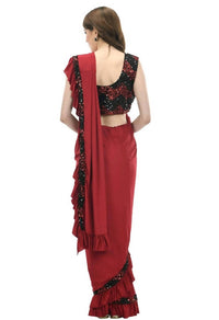 Thumbnail for All Season Wear Olive Red And Black Ruffled Ready To Wear Saree