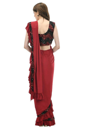 All Season Wear Olive Red And Black Ruffled Ready To Wear Saree