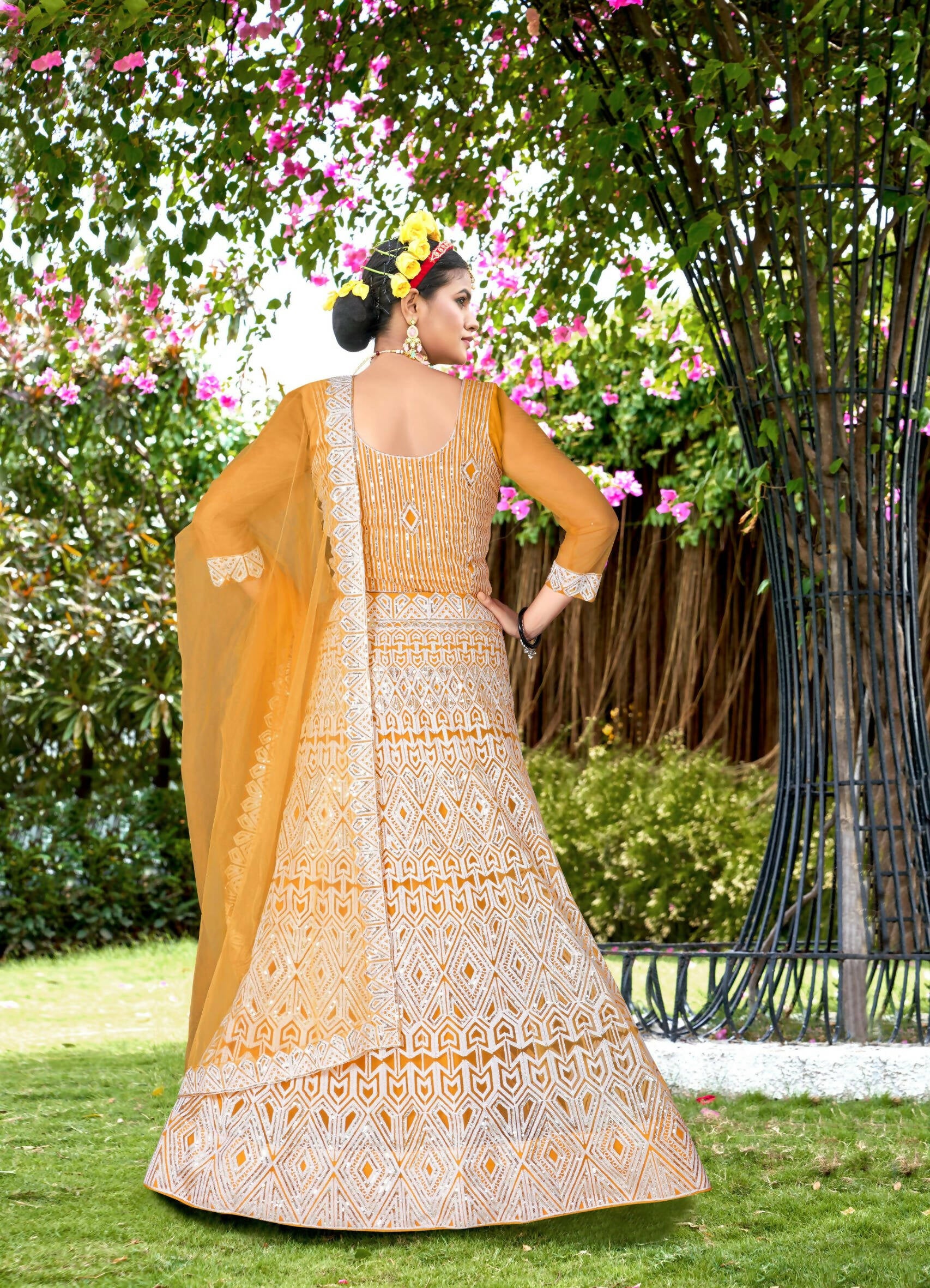 Yellow Net Embroidered Semi Stitched Lehenga Choli with Dupatta - Bhagya - Distacart