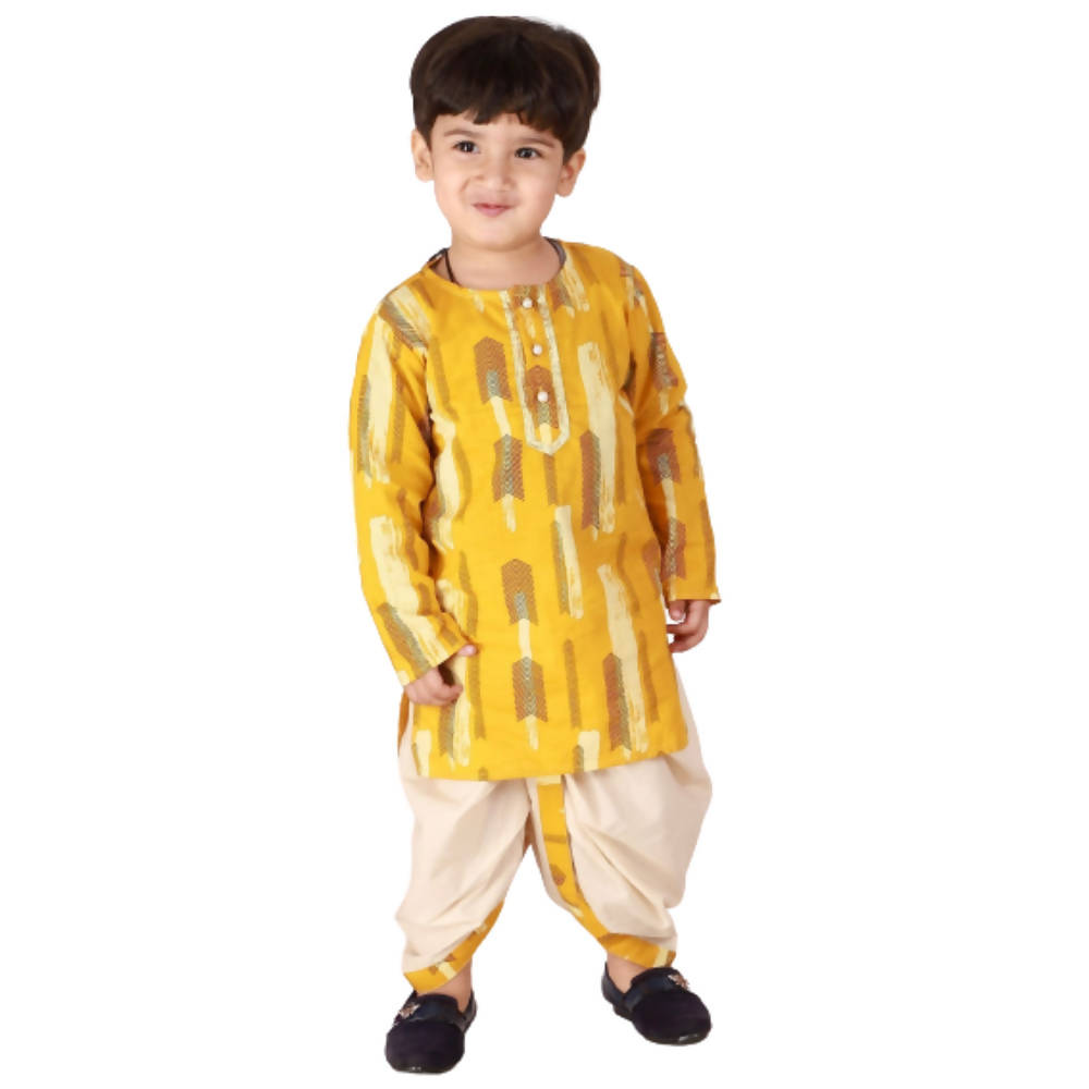 Little Bansi Yellow and Cream Color Feather print Kurta and Dhoti